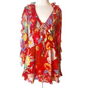 Farm Rio Hudson chiffon floral mini dress ruffle beaded tassel sz S